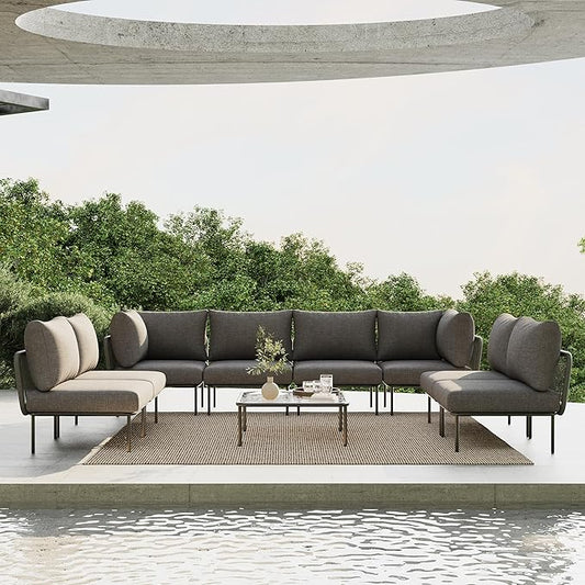 9 Piece Modern Outdoor Rope Wicker Sectional Patio L-Shaped Conversation Sofa Set Deep Seating with Thick Cushions