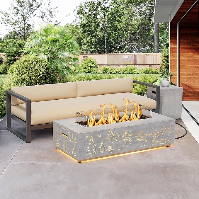 Dineli Propane Fire Pit Table 42 Inch Gas Fire Pits & Outdoor Fireplaces w LED, Tabletop Fire Pit Firepits for Outside Patio, 50,000 BTU (Light Gray, Christmas Pattern with Warmlight)