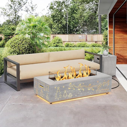 Dineli Propane Fire Pit Table 42 Inch Gas Fire Pits & Outdoor Fireplaces w LED, Tabletop Fire Pit Firepits for Outside Patio, 50,000 BTU (Light Gray, Christmas Pattern with Warmlight)