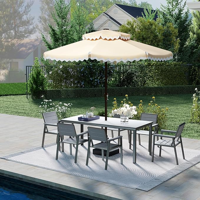 Kingdura 7 Piece Patio Dining Set for 6, HDPE Outdoor Table & Chairs with Umbrella Hole, All-Weather Outdoor Furniture Patio Conversation Set for Lawn Pool Backyard, Grey
