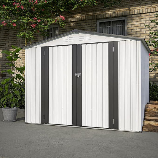 8x6 FT Outdoor Storage Shed W/ 2 Lockable Hinged Doors,Metal Shed W/Sloped Roof & 4 Air Vents,Garden Tool House W/Updated Frame Structure,for Backyard Patio Lawn,White