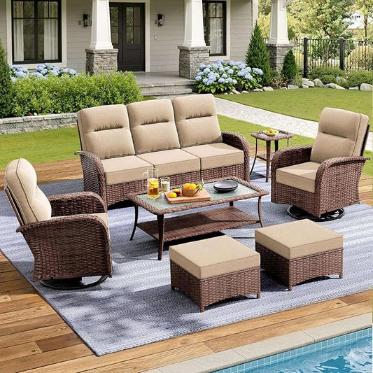 7-Piece Patio Furniture Set with 6-Inch Thick Cushions, High Back Outdoor Couch and Swivel Rocker Chairs, All-Weather Conversation Set for Porch, Deck, Yard, Pool in Beige