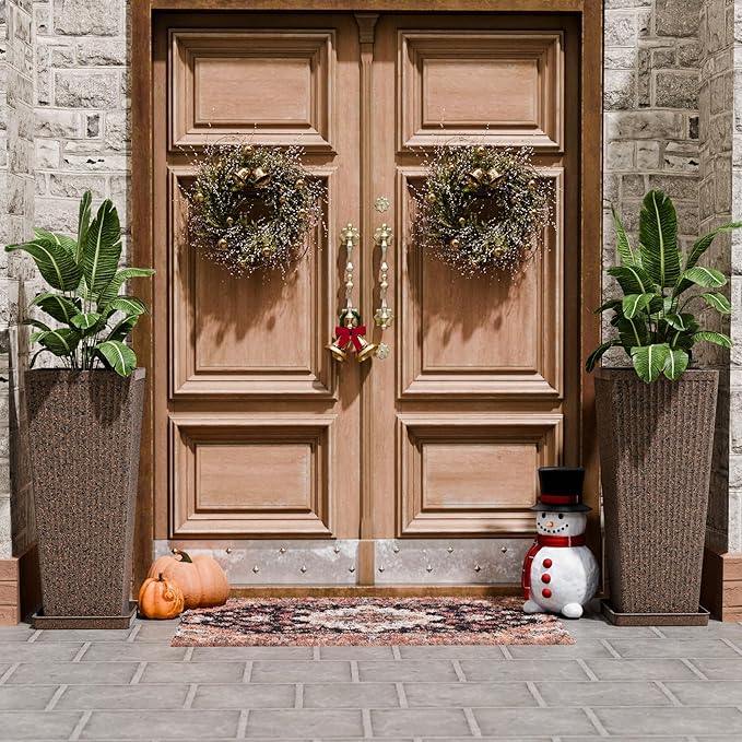 Tapered Tall Planters for Outdoor Plants 2 Pack- 23.6 Inch Heavy-Duty Classic Square Indoor Flower Pots with Drainage Holes/Partition/Tray, Large Outdoor Planters for Porch Patio, Brown