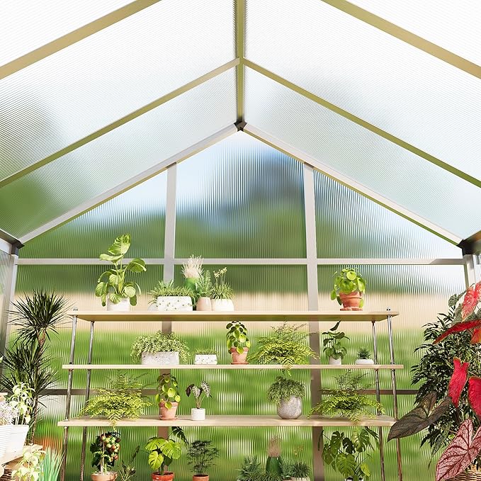 8x12 ft Greenhouse for Outdoors, Polycarbonate Greenhouse with Roof Vent, Ground Nails, Lockable Push Door, Aluminum Large Walk-in Green House for Outside Garden Backyard, Patio, Lawn, Silver