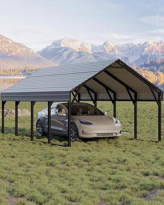 GarveeLife 12x20 ft Metal Carport, Reinforced Frame and Steel Roof for All-Weather Use, Permanent Shelter for Bass Boats, Full-Sized Pickup Trucks, and Tractors