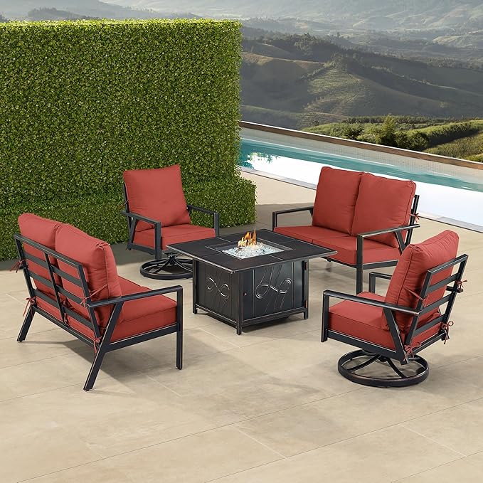 Oakland Living Black Aluminum Patio Fire Table Set with Two Deep Seating Loveseat with Cushions and Two Club Chairs with Red Cushions