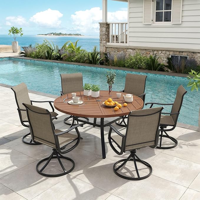 VICLLAX Round Patio Dining Table, 6-8 Person Metal Outdoor Dining Table with Umbrella Hole and Storage Shelf for Garden Lawn Deck, 53" Walnut