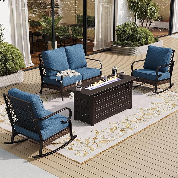 4 Piece Metal Outdoor Patio Furniture Sets with Firepit Table, Patio Conversation Sets 1 2-Seater Sofa, 2 Rocking Sofa with 5.75" Cushion Black Backyard Furniture for Deck, Blue-2