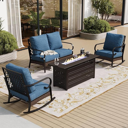 4 Piece Metal Outdoor Patio Furniture Sets with Firepit Table, Patio Conversation Sets 1 2-Seater Sofa, 2 Rocking Sofa with 5.75" Cushion Black Backyard Furniture for Deck, Blue-2