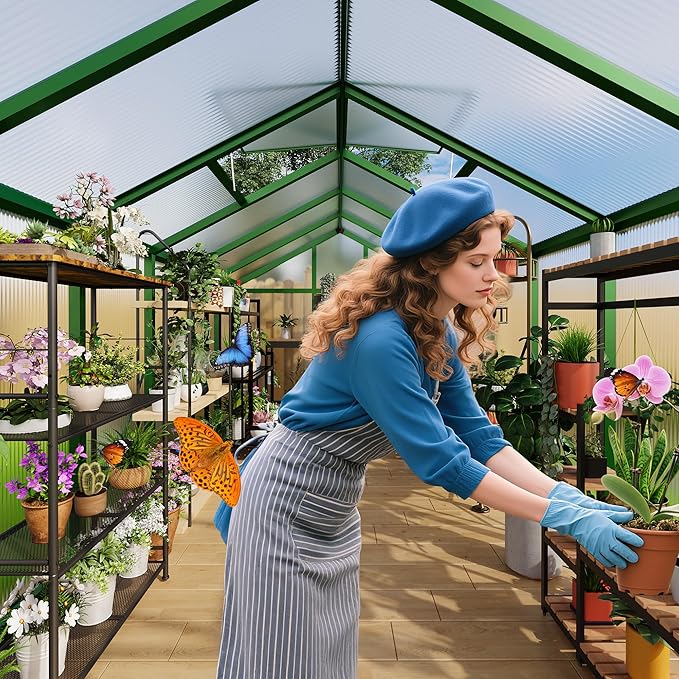 6x6 ft Greenhouse for Outdoors, Polycarbonate Greenhouse with Roof Vent, Ground Nails, Lockable Push Door, Aluminum Large Walk-in Green House for Outside Garden Backyard, Patio, Lawn, Green