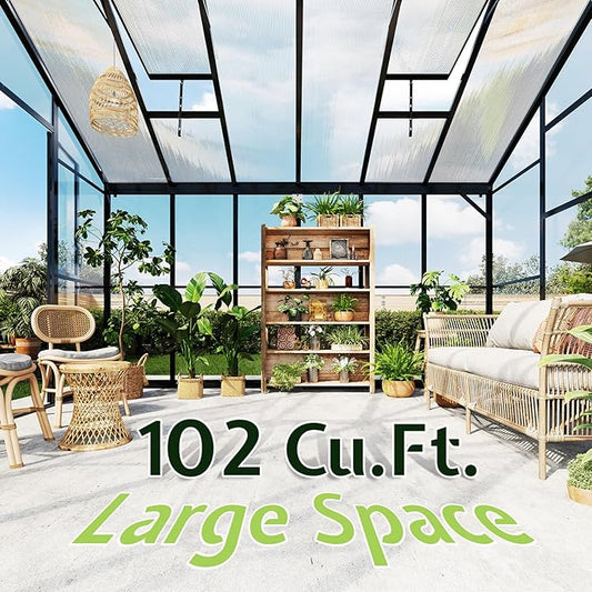 AMERLIFE 12x10x8 FT Hybrid Polycarbonate Greenhouse, Quick-Connect Aluminum Frame with Dual Roof Vents & Double Doors, Walk-in Outdoor Garden Greenhouse with Gutters, Black