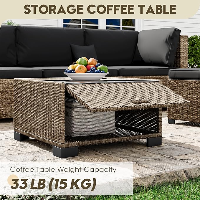 7 Piece Patio Sectional Furniture Set Outdoor Furniture Patio Conversation Sets & Patio Sectional - Hand-Woven Wicker Outdoor Sectional Black Cushions Glass Table