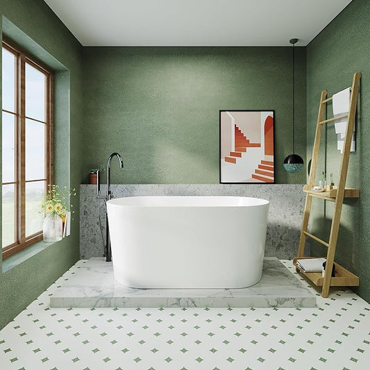 51" Acrylic Freestanding Bathtub, Oval White Freestanding Bathtub with Chrome Overflow and Pop-Up Drain CUPC Certificate