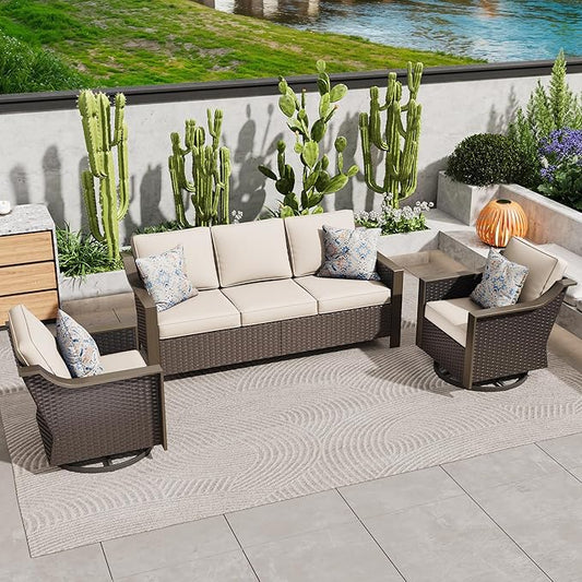 3 Pieces Outdoor Patio Conversation Furniture Set - 75" 3-Seat Sofa | 2 Swivel Glider Rocker Chairs | Wicker End Table, Metal Wicker Couch, Deck (Beige and Brown Stripe)