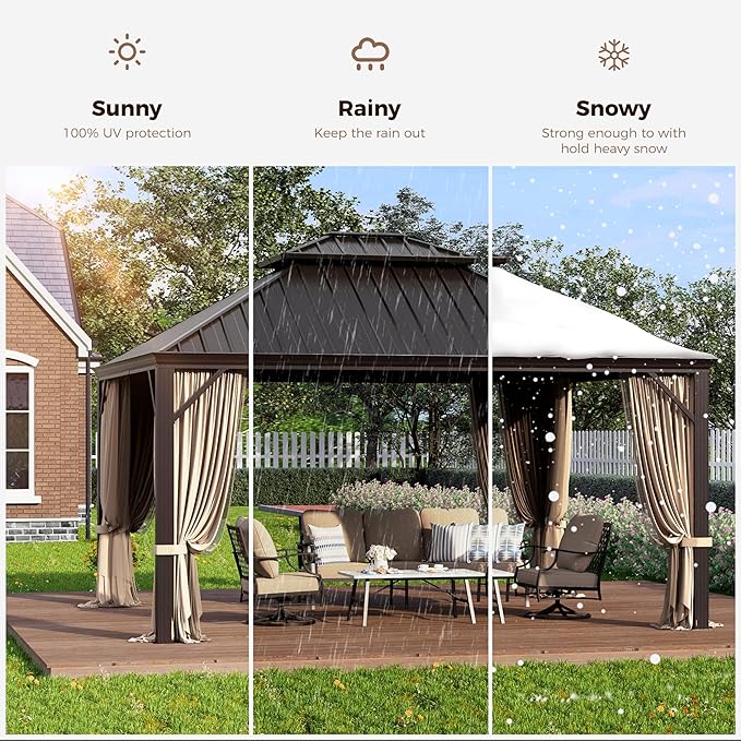 GREEN PARTY 12 X 14ft Hardtop Gazebo with Nettings and Curtains, Heavy Duty Double Roof Galvanized Steel, Outdoor Aluminum Gazebos Pergolas for Patios, Backyard, Deck, Garden, Lawns