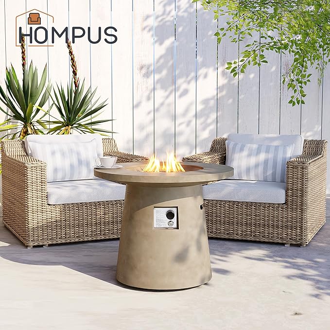 HOMPUS Outdoor Fire Pit Gray Propane Fire Table, 31 inch Round Propane Fire Pit, 40,000 BTU Gas Smokeless Fire Pit Table, Patio Concrete Firepit with Rain Cover for Garden, Deck, Backyard