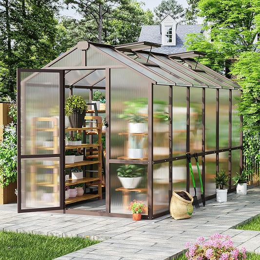 6x12 FT Wooden Greenhouse, Polycarbonate Greenhouse with Adjustable Roof Vents and 6MM Thick Polycarbonate Panel, Walk-in greenhouses for Outdoors for Garden Backyard, Patio, Lawn, Brown