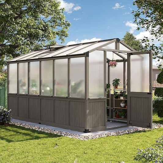 Aoxun 6x12 FT Wood Green House for Outdoors, Polycarbonate Panel Wooden Walk-in Greenhouse Kit with Automatic Temperature Control Roof Vent and Lockable Door, for Outside Backyard Garden, Gray