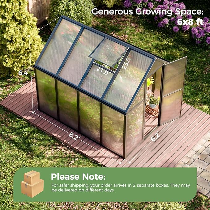 6x8 FT Aluminum-Framed Greenhouses for Outdoors Heavy Duty, Polycarbonate Greenhouse with Quick Setup Structure and Sliding Door, Walk-in Greenhouse Kit for Garden & Backyard