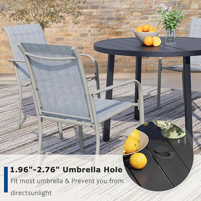 7 Pieces Patio Dining Set for 6, Beige Blue Patio Stackable Chairs and Black Round Table Set of 6, Outdoor Furniture Set with Sling Support for Outside, Garden