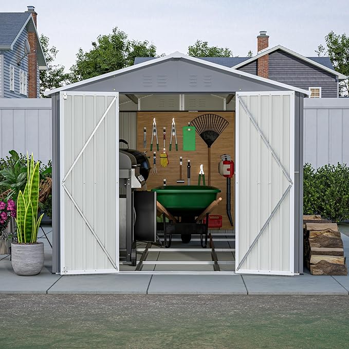 8x12 FT Outdoor Storage Shed W/Floor Frame,Metal Shed W/Double Lockable Doors,Garden Tool House W/ 2 Vents & Sloped Roof,for Backyard Patio Lawn,Gray