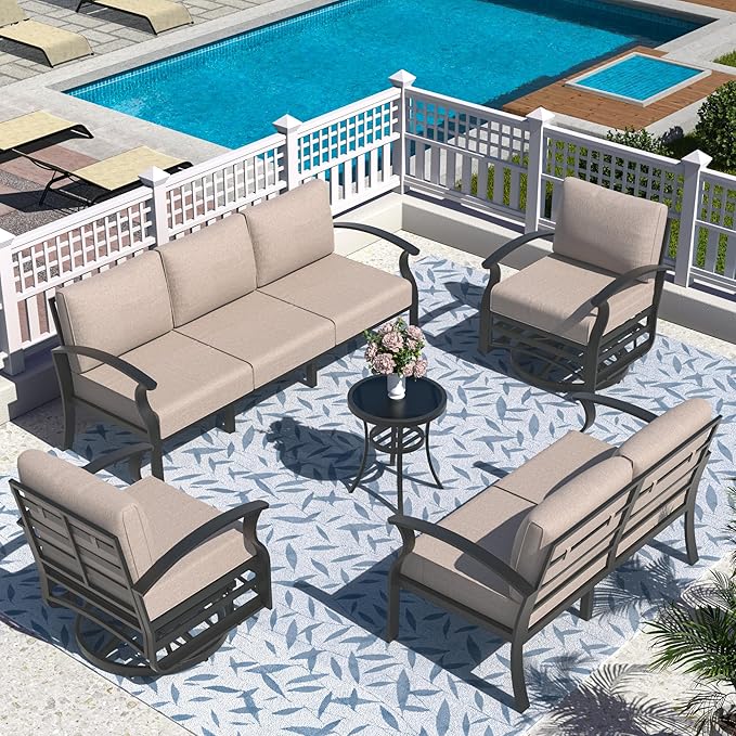 Aluminum Patio Furniture Set, 7 Seats Outdoor Patio Conversation Set with Swivel Chair Modern Metal Patio Sectional Sofa with Upgrade Cushions for Patio, Backyard Sand
