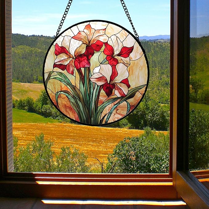 CRISGIF Stained Glass Window Hanging - Red Gladiolus Flower Suncatcher for Door Yard Sun Catchers Decor Christmas Mother's Day Birthday Gifts for Lovers Women Mom Nana Girlfriend Wife 11.8 in