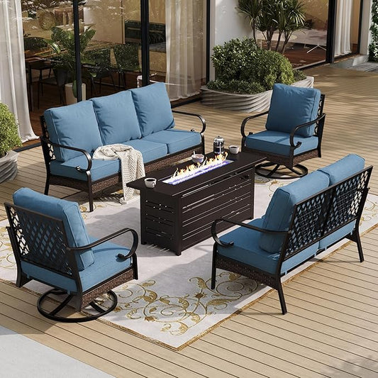 5 Piece Black Metal Outdoor Patio Furniture Sets with Firepit Table, Patio Conversation Sets 1 3-Seater Sofa, 1 2-Seater Sofa, 2 Swivel Sofa with 5.75" Cushion for Backyard Deck, Navy