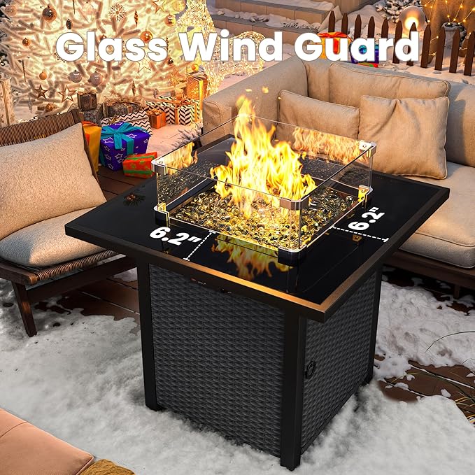 Propane Fire Pit Table, Outdoor Fire Pit Table, 28" Rattan Square Outdoor Gas FirePit with Glass Wind Guard, Tempered Glass Tabletop, Lid, CSA Listed, 50,000 BTU, Outside Patio Deck & Garden, Black