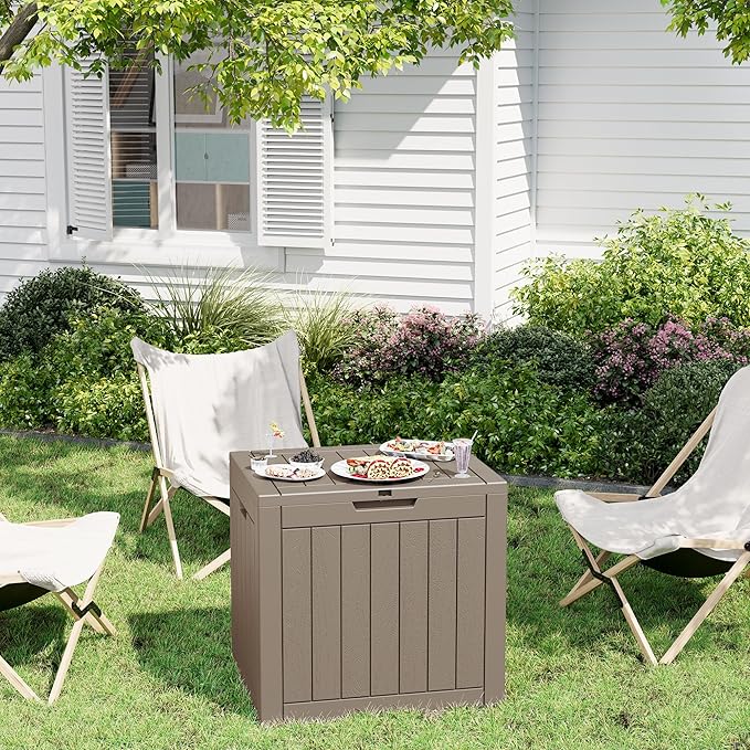 NUNU LAB 32 Gallon Outdoor Storage Box Waterproof, Outside Package Delivery Deck Boxes with Lockable Lid, Backyard Storage Bin For Garden Tools, Patio Cushions, Pool Accessories, Gray