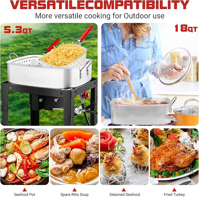 Propane Deep Fryer with 18Qt Square Deep Fryer Pot – High Grade Strainer Basket Aluminum Pot for Fish Fry, Seafood Pot – Propane Burners for Outdoor Cooking Include Thermometer-OT18-2
