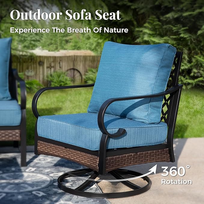 Patio Furniture Set with Firepit Table, Black Frame Outdoor Conversation Set with 2 x Swivel Chairs, 1 x 2-Seat Sofa, 1 x 3-Seat Sofa for Patio Backyard, Pacific Blue