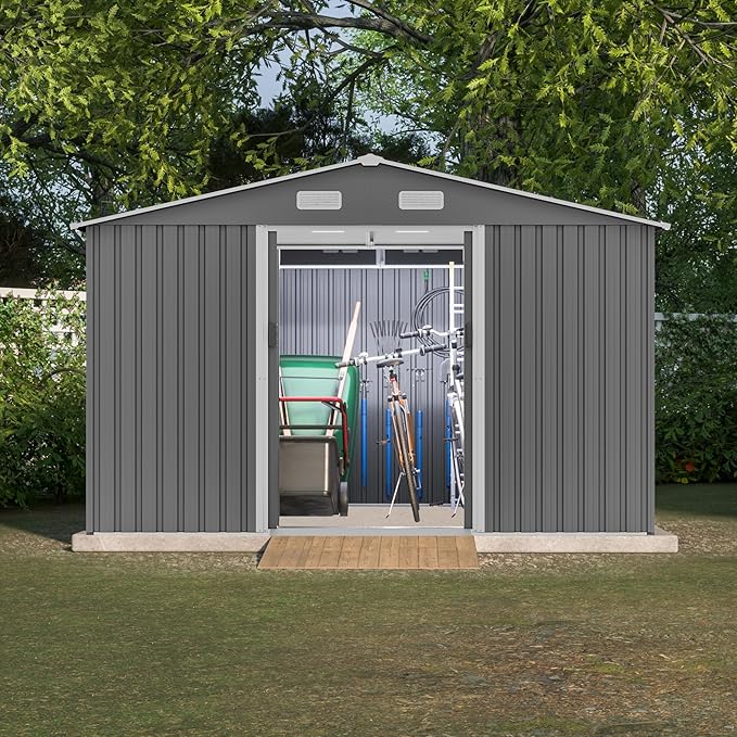 Favfurish 10×8 FT Metal Outdoor Storage Shed, Large Garden Sheds with Metal Foundation & Lockable Doors, All Weather Anti-Corrosion Galvanized Steel Tool House for Backyard Garden Lawn,Grey