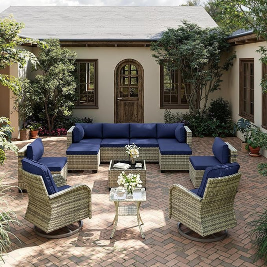 12-Piece Patio Furniture Set, Outdoor Patio Furniture with Swivel Chairs Set, Ottomans, Modular Patio Sofa, Dual-Strand Wicker Rattan, Rust-Resistant Frame, Navy Blue