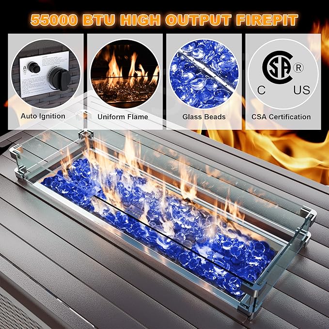 Kurapika 7 Pieces Patio Furniture Set, Rattan Outdoor Conversation Sets w/43in Propane Fire Pit Table and 4 Inch Cushion(Navy Blue)