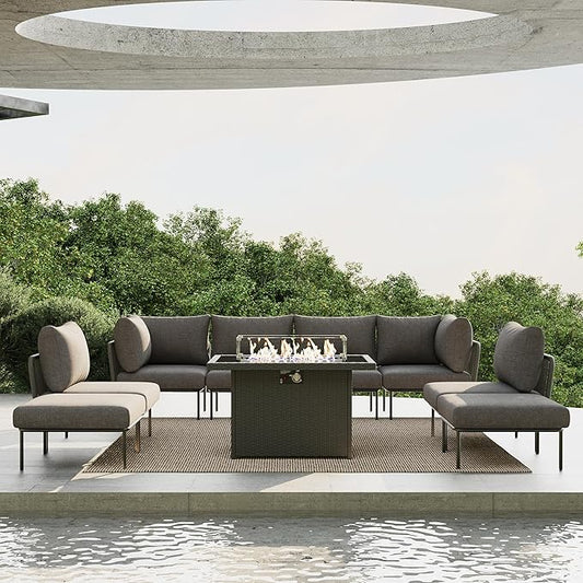 9 Piece Modern Outdoor Rope Wicker Sectional Patio L-Shaped Conversation Sofa Set Deep Seating with Fire Pit Table
