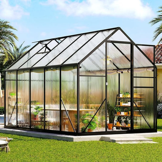 AMERLIFE 6x10x6.3 FT Outdoor Polycarbonate Greenhouse, Walk-in Aluminum Garden Structure with Dual Roof Vents & Swing Door, Heavy-Duty Black Greenhouse