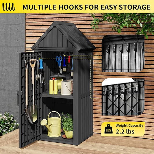 Fancyango Outdoor Resin Storage Shed, Upgrade Sturdy Storage Cabinet with Removable Shelves and Lock Ring, Reinforced Floor, All-Weather Construction for Garden Patio Lawn (Black)
