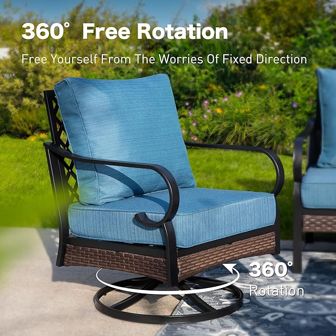 4 PCS Metal Outdoor Patio Furniture Set, Patio Conversation Sets 1 3-Seater Sofa, 2 Swivel Chairs with 5.75" Extra Thick Cushion & Coffee Table, Black Frame Backyard Furniture, Blue-2