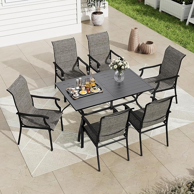 MFSTUDIO 7 PCS Patio Dining Set with Rectangular Metal Table and 6 Pieces Padded Extra Large Sling Chair, Umbrella Hole, Outdoor Table and Chairs,Outdoor Furniture for 6