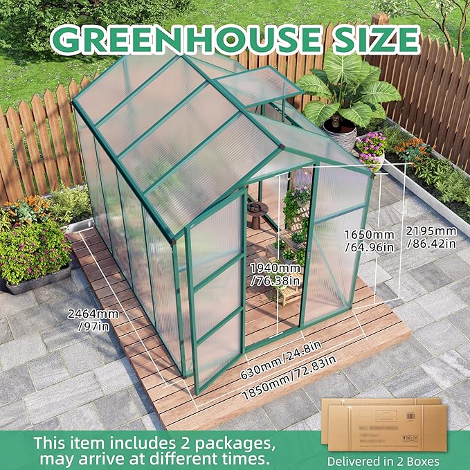 KEIKI 6x8 FT Polycarbonate Greenhouse for Outdoors, Durable Aluminum Walk-in Greenhouse with Gutter Drainage & Tall Growing Space for Plants, Green