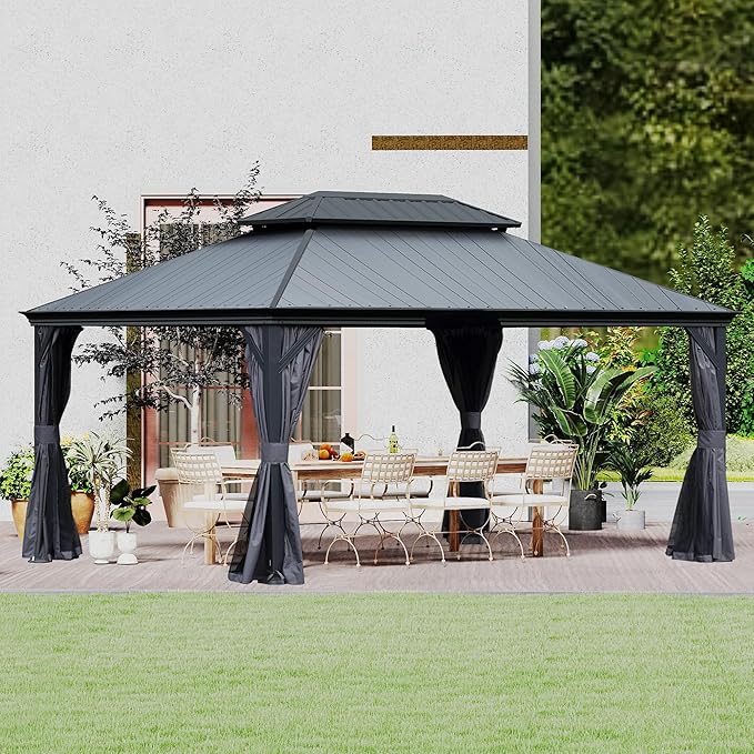 Domi 12' X 16' Hardtop Gazebo, Upgraded Metal Gazebo with Dual-Layer Resin Roof, Drainage System, Curtain and Netting, Outdoor Shelter Canopy for Patio, Garden, and Backyard, Grey