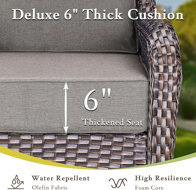 Luxury High Back Outdoor Furniture with 6-inch Extra Thick Cushions, Patio Furniture Set with Fire Pit Table & Swivel Chairs, 7 PCS Wicker Conversation Set for Yard, Deck, Poolside, Brown/Grey