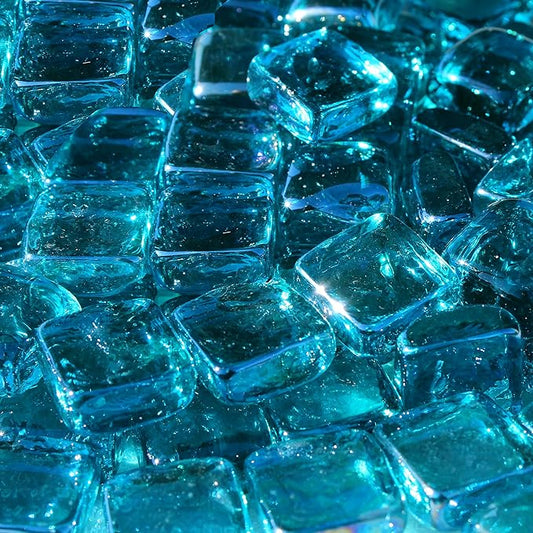 Reflective Fire Pit Glass Cubes - Professional Grade Fire Glass for Fire Pit - 1" Firepit Glass Rock - Glass Stones - Gas & Propane Fire Pit & Fireplace Glass (20 Pound, Aqua)