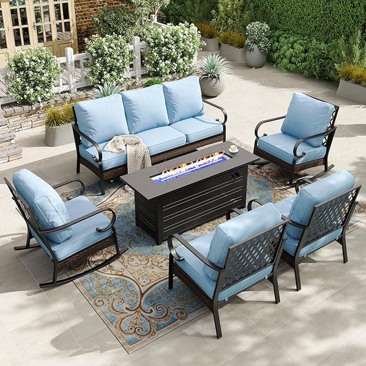 HERA'S HOUSE 6 Piece Metal Patio Furniture Set with 56" Fire Pit Table, All Weather Outdoor Conversation Set, 3 Seat Sofa, 2 Rocking Chairs, 2 Fixed Chairs, Seats 7 for Backyard, Garden, Deck, Blue