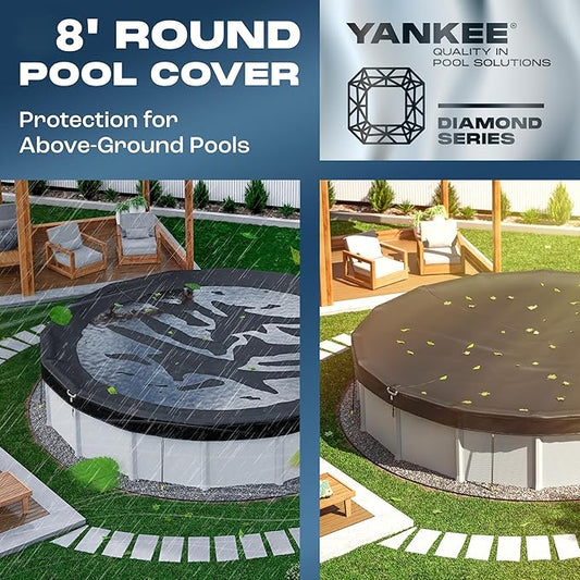 Yankee Diamond Series Pool Covers for Above Ground Pools | All-Weather, Windproof, Light 8ft Round Pool Cover w/ 4 Screw-in Pegs, 4 Ropes | 3 Mounting Methods, Strong Fastenings for Triple Protection
