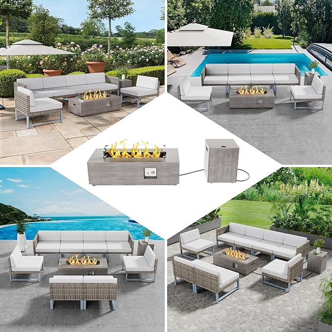 42 inch Propane Fire Pit Table, 2 in 1 Outdoor Fire Pit with 20lb Tank Cover, Outside Patio Deck and Garden, LED Gas Fireplace Table with Lid and Stone, 50,000 BTU Adjustable Flame, Grey