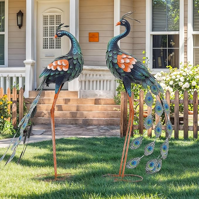 Ultym Large Metal Peacock Garden Decor- Handmade 32" Oversize Standing Peacock Statue with Stable Ground Stakes, Backyard Decoration, Metal Garden Art Sculptures