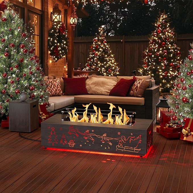 42" Propane Fire Pit Table with Christmas Cutout Decoration and RGB Lights – 50,000 BTU with Wind Guard Glass, Lid, Rocks and Cover – Outdoor Fireplace (Light Grey/Christmas RGB, 42" LED)
