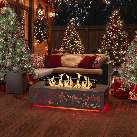 42" Propane Fire Pit Table with Christmas Cutout Decoration and RGB Lights – 50,000 BTU with Wind Guard Glass, Lid, Rocks and Cover – Outdoor Fireplace (Light Grey/Christmas RGB, 42" LED)